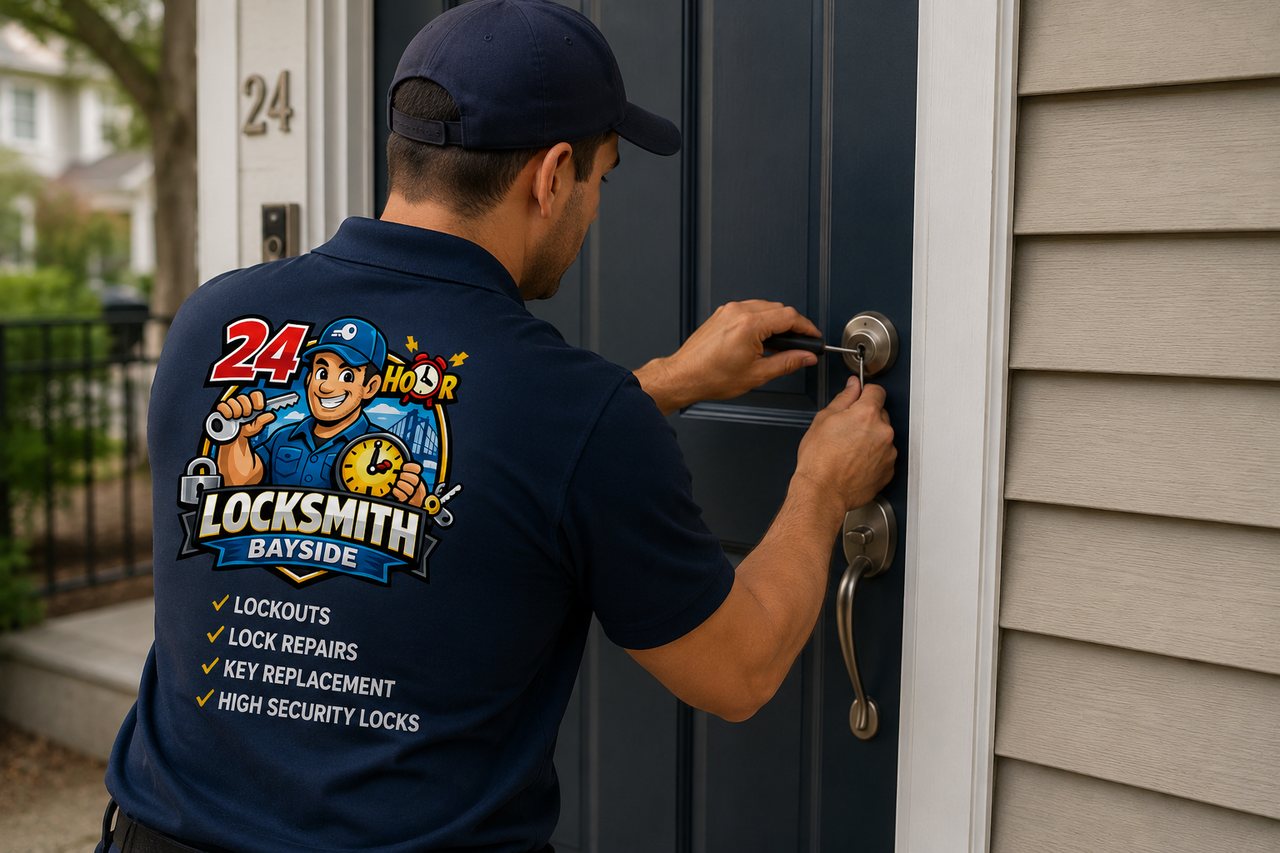 24 Hour Locksmith Bayside technician working a lock near the LIRR Bayside station